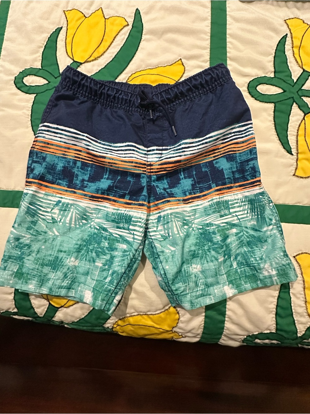 Lands' End Boys Navy, Teal & Orange Stripe Swim Trunks